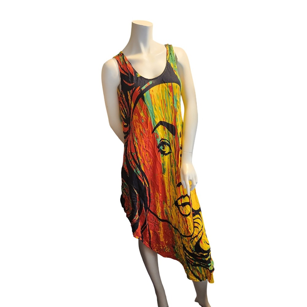 Artistic Face Graphic Asymmetrical Handkerchief Hem Rasta Color Midi Dress